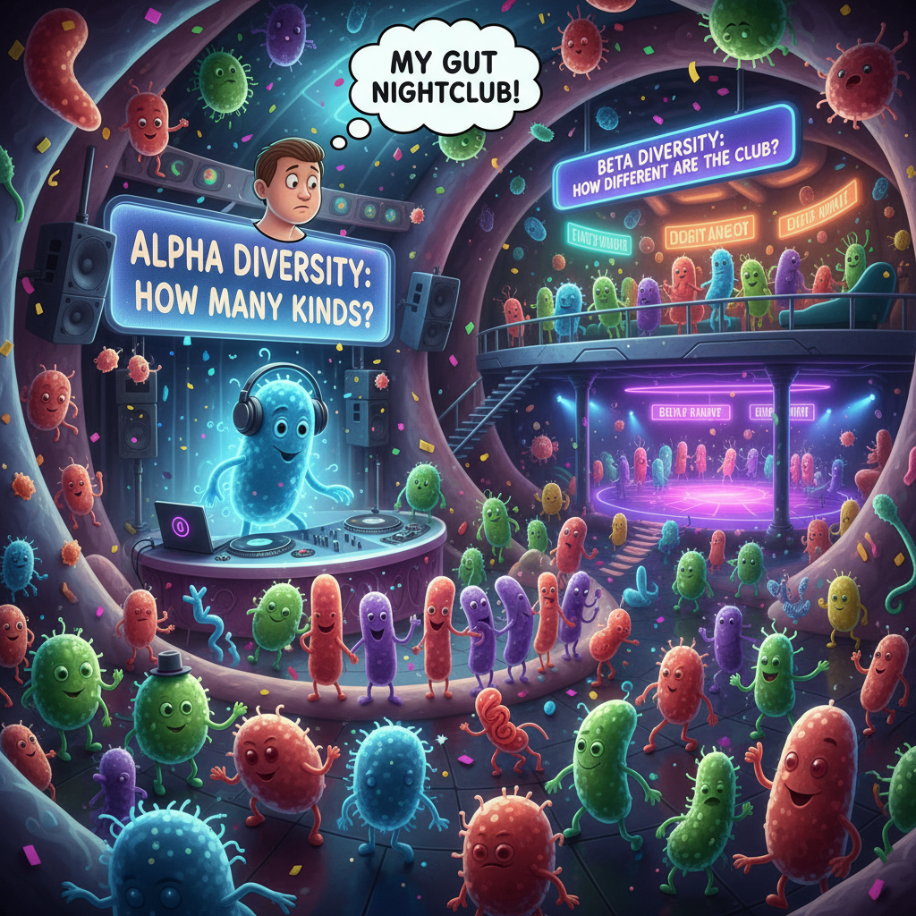 Illustration of a diverse gut microbiome inside the digestive tract showing various microorganisms symbolizing microbiome diversity.