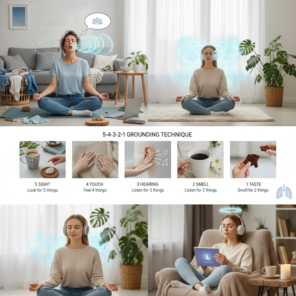 An overwhelmed adult pausing amidst a chaotic daily life, using mindful breathing to find calm and focus.