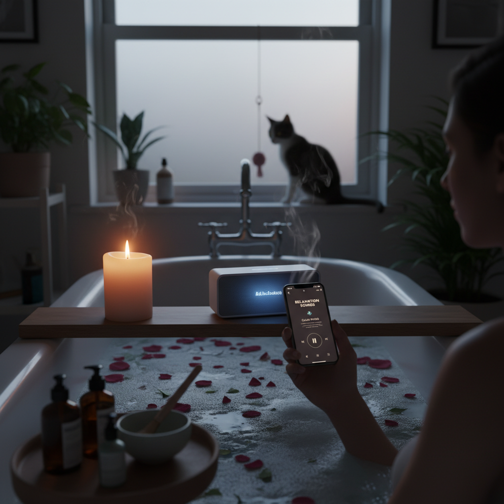 A serene bathroom setting with soft lighting, a lit candle, and relaxing music playing — symbolizing setting the mood for a mindful skincare routine.