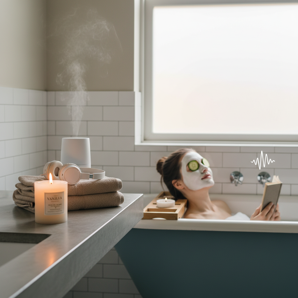 Various skincare products like moisturizers and serums arranged neatly with warm lighting, highlighting the intentional application of products.