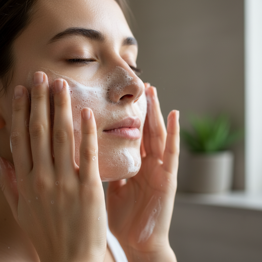 A peaceful person sitting calmly with eyes closed, taking deep intentional breaths, representing mindfulness and gratitude as part of the skincare ritual.