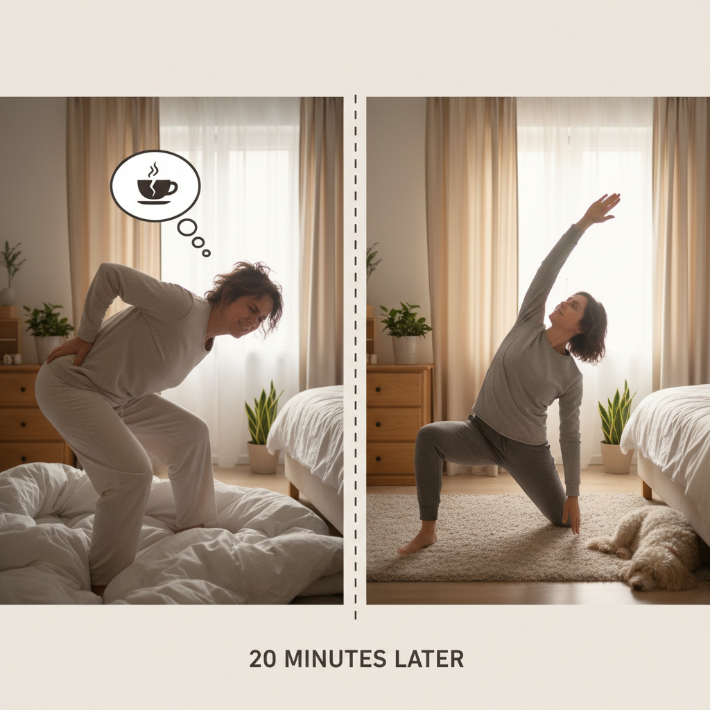 An infographic-style illustration showing the benefits of morning mobility exercises, including improved joint health, reduced stiffness, enhanced circulation, boosted mental alertness, injury prevention, and positive exercise habit.