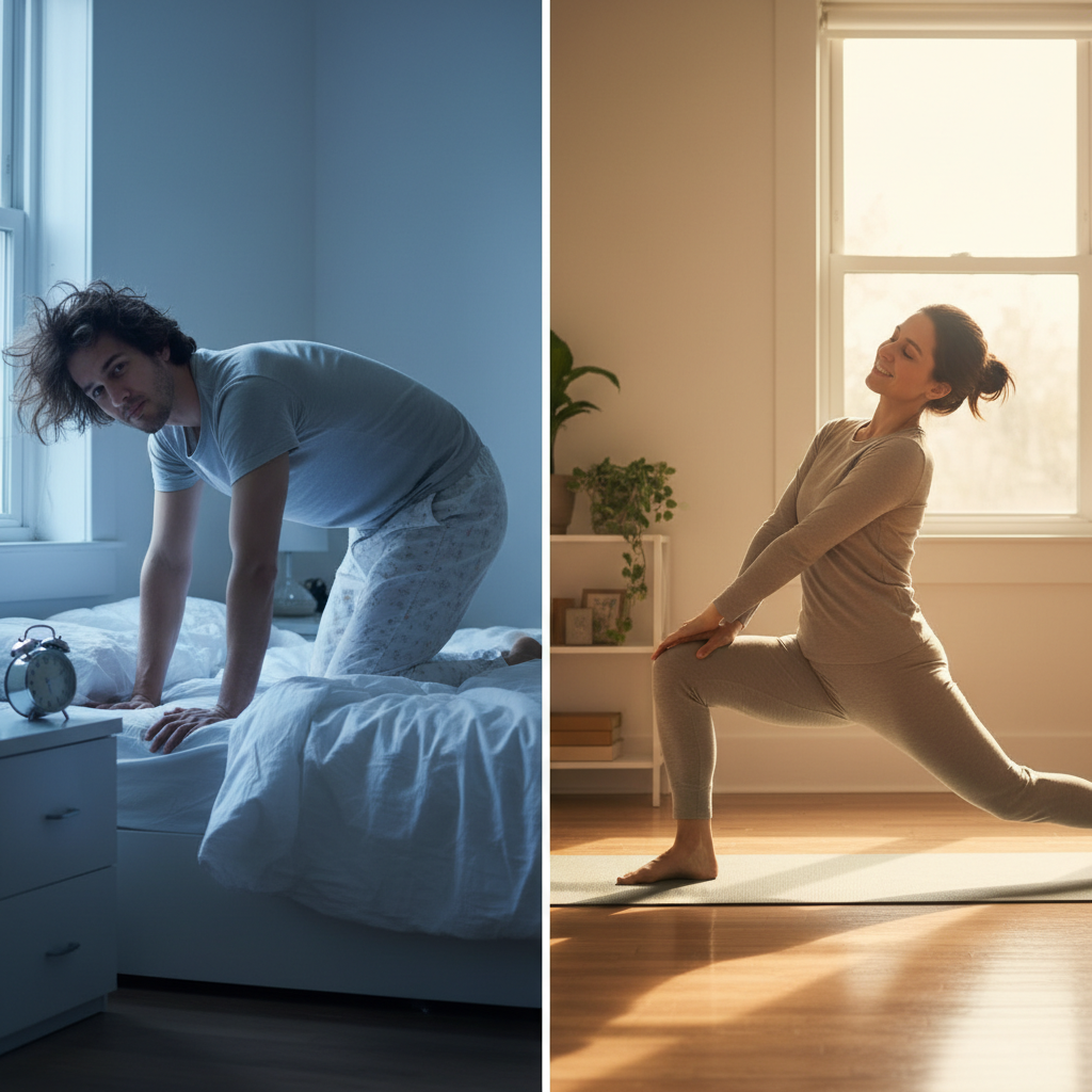 Step-by-step visual guide of the easy morning mobility routine: including neck circles, cat-cow spinal movements, shoulder rolls, hip circles, ankle alphabets, and deep lunge with twist, with a calm morning background.