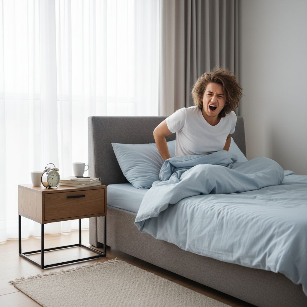 A serene morning scene of a person practicing breathing exercises, staying hydrated, and being gentle with their body to represent tips for getting the most out of the morning routine.