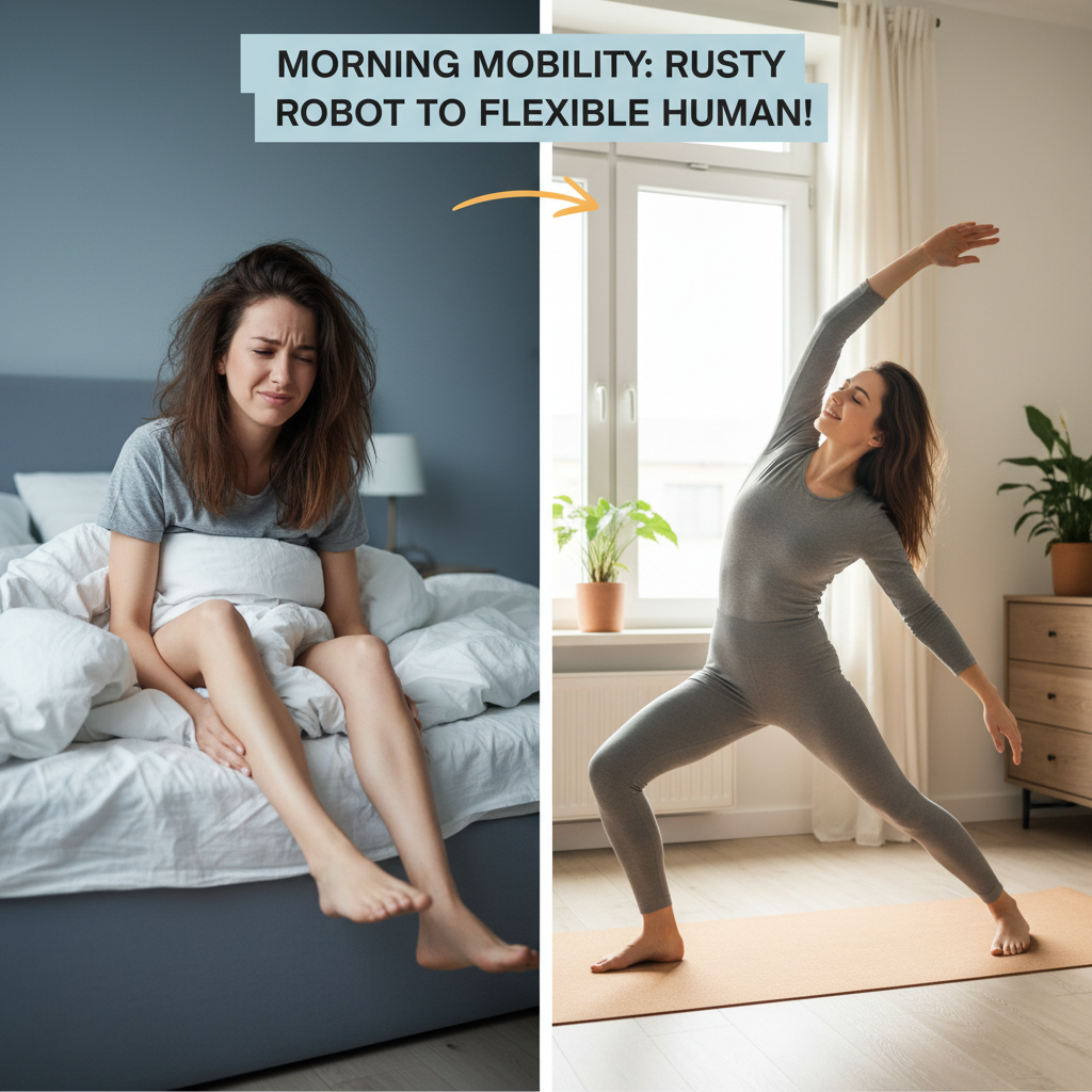 A person waking up in the morning looking stiff and tired, then doing gentle morning mobility exercises in a calm, cozy bedroom setting to illustrate the personal story of transformation.