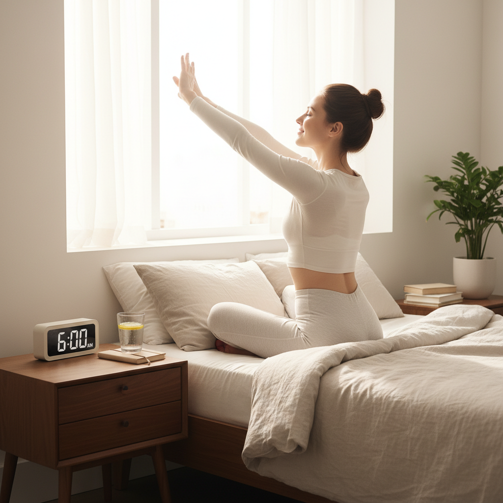 A peaceful and organized morning scene showing a person happily following a structured morning routine, including alarm clock, water glass, and sunlight coming through a window.