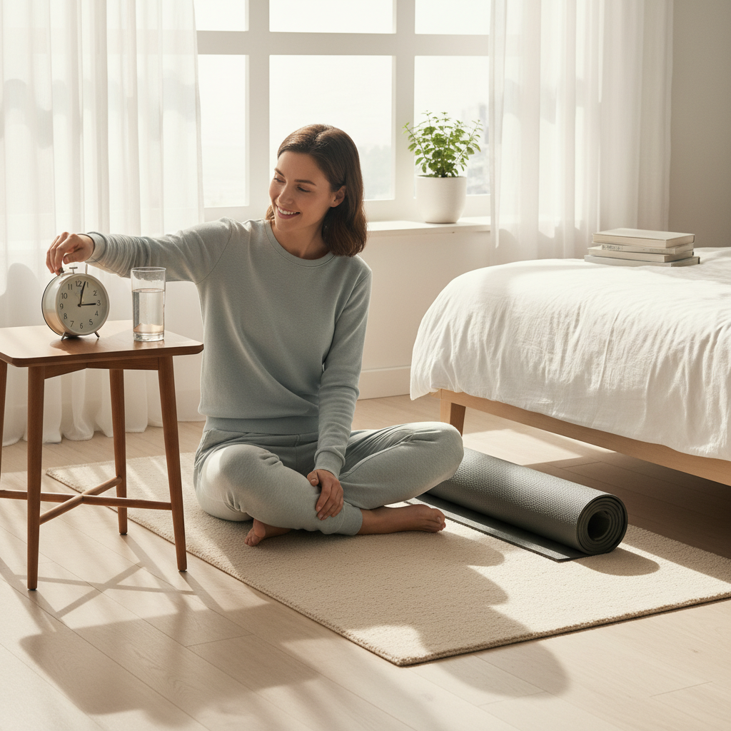 An illustrative infographic or checklist showing key morning routine steps such as hydration, light exercise, mindfulness, nutritious breakfast, and daily planning.