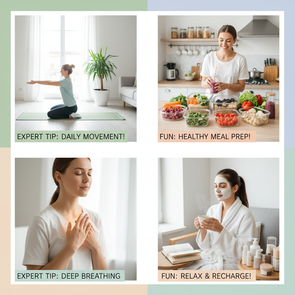 Collage of expert wellness tips and fun self-care activities, including yoga, healthy meal prep, breathing exercises, and relaxing with tea or skincare.