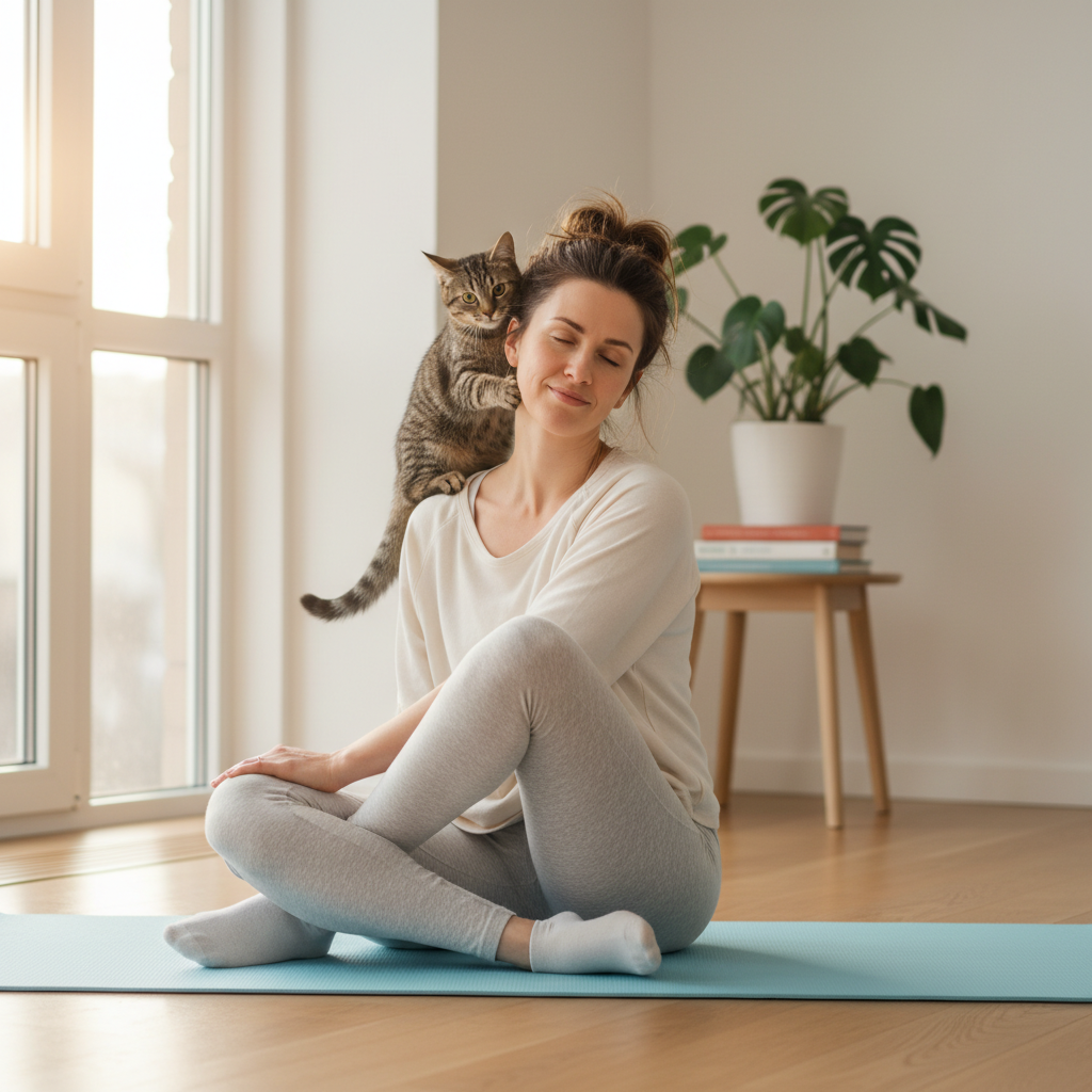 Dynamic depiction of someone performing sun salutations in a bright, sunlit space, arms reaching overhead, moving through plank, upward dog, and downward dog poses