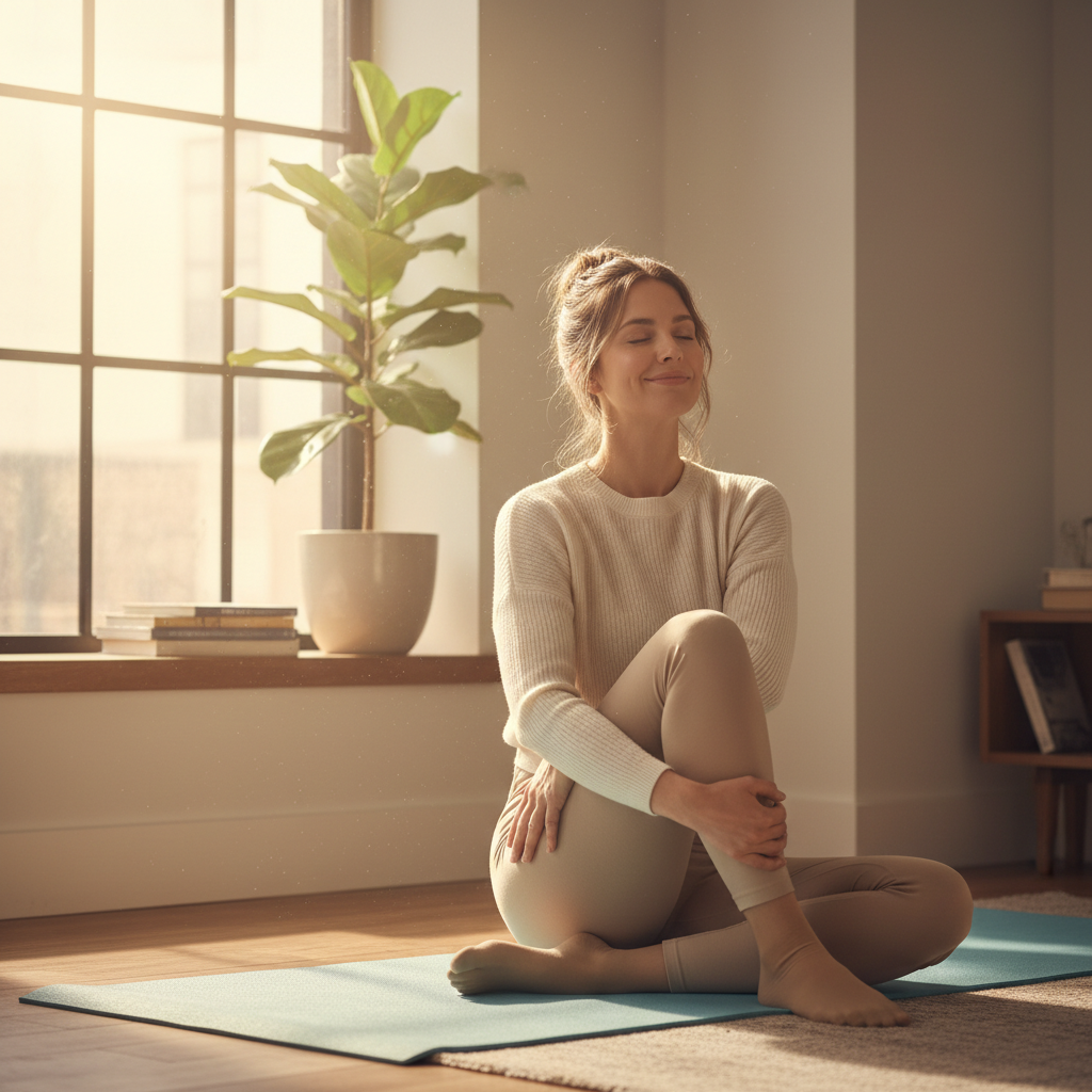 Illustration of a serene morning scene with a person doing gentle seated spinal mobilization yoga poses, sunlight streaming through a window, yoga mat on the floor