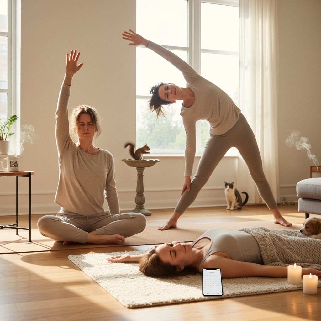 Image of a standing yoga sequence including Warrior I, Triangle Pose, and Tree Pose outdoors or in a calming indoor setting, highlighting balance and flexibility