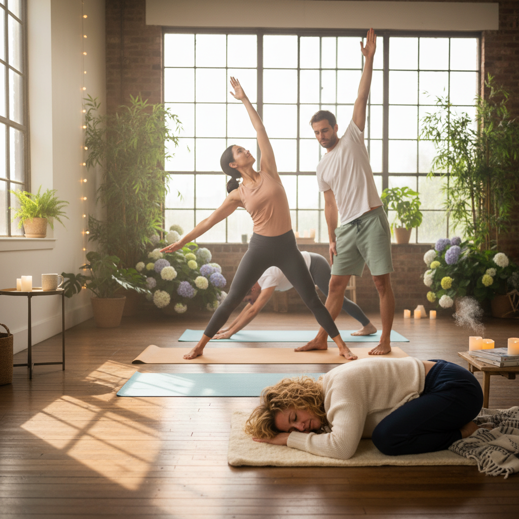 Calm and relaxing scene showing a person doing cooling down forward folds and seated meditation or savasana pose, evoking tranquility and mindfulness after the yoga routine
