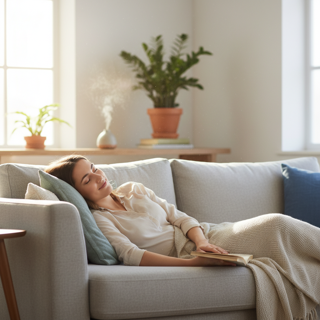 A cozy scene with chamomile tea, lavender essential oil, and herbs arranged on a wooden table.