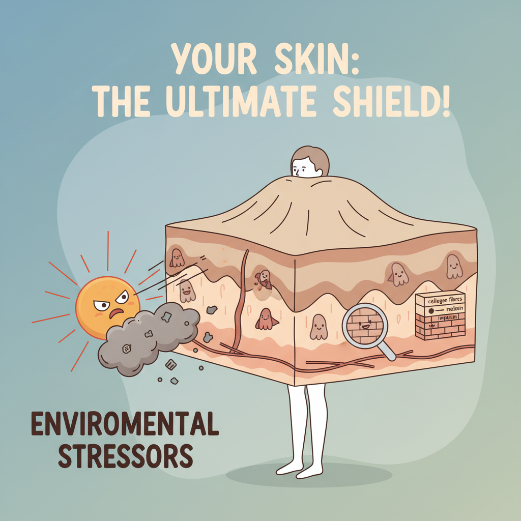 An image depicting balance and hydration for skin health, featuring a glass of water, a variety of colorful fruits and vegetables, and a glowing, healthy face to emphasize harmony in diet and hydration.