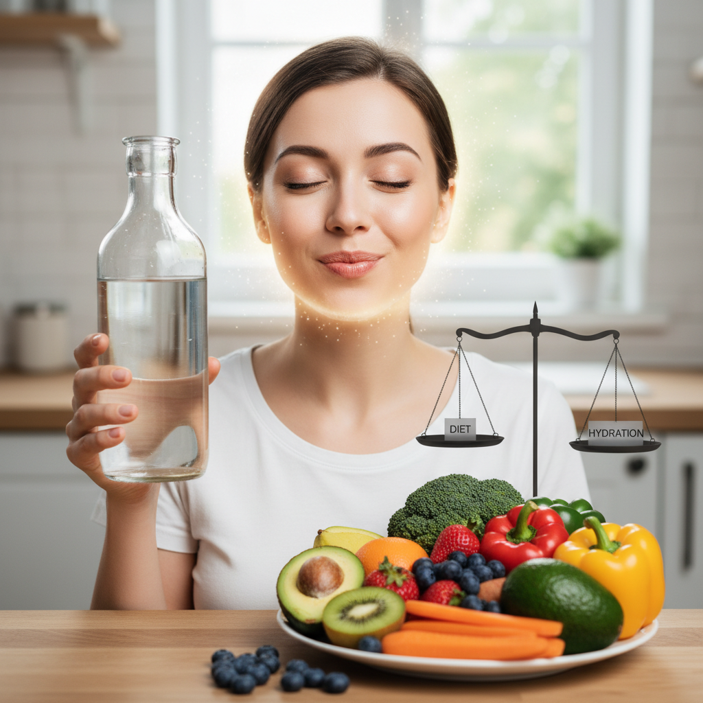 A vibrant, appealing layout of best foods for radiant skin, featuring fatty fish, avocados, nuts and seeds, colorful vegetables and fruits, whole grains, and fermented foods arranged attractively.