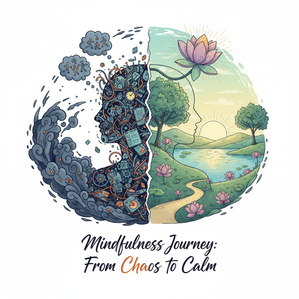 An illustration of a person transitioning from a chaotic, busy mind to a calm and peaceful state, symbolizing the Mindfulness Journey: From Chaos to Calm.