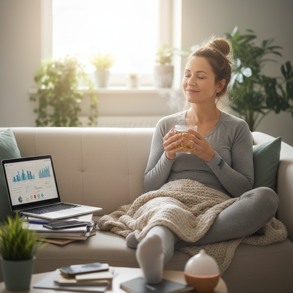 Visual representation of top realistic wellness goals for busy women: quality sleep, movement (e.g. yoga or walking), stress management (meditation or deep breathing), balanced nutrition with fruits and vegetables.