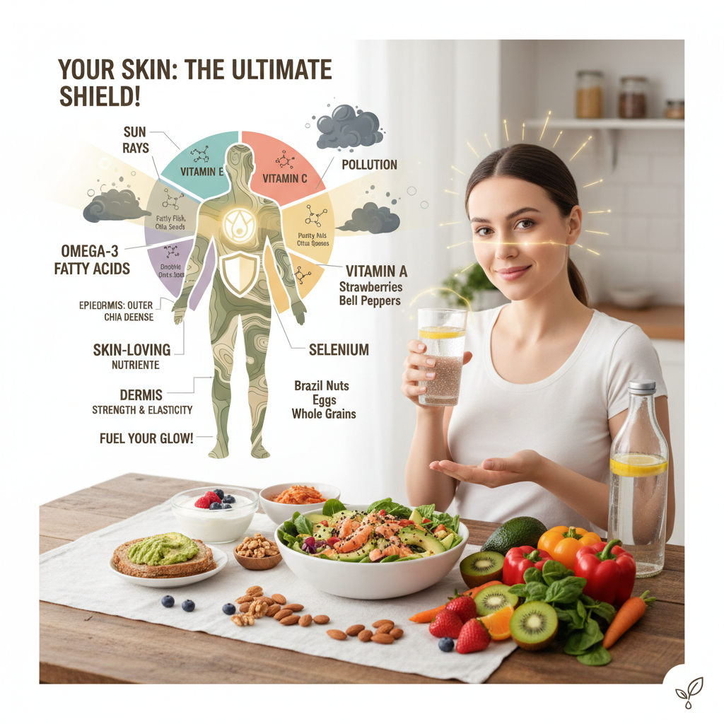 Illustration showing the skin as the body’s largest organ, highlighting its protective functions against environmental stressors like sun and pollution.