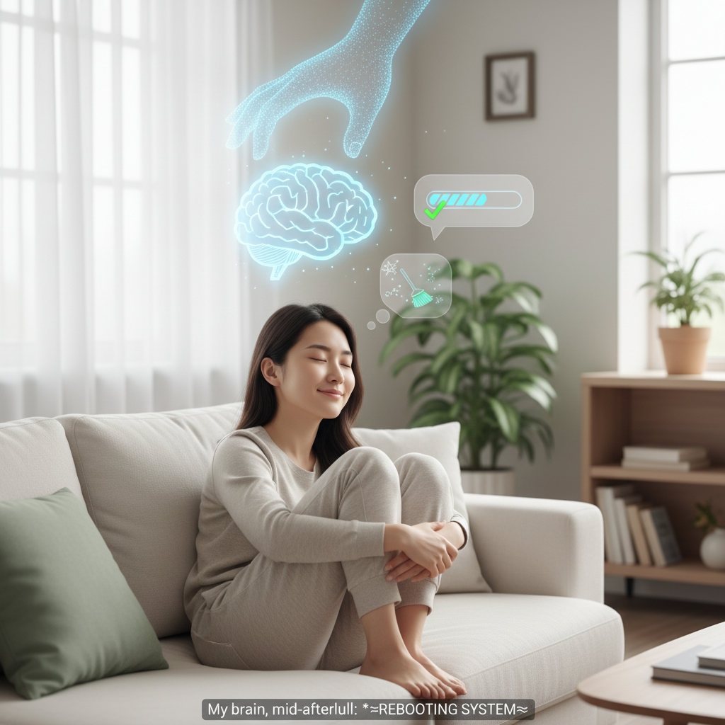 A step-by-step visual guide demonstrating how to power nap effectively: choosing the right time, creating a restful environment, setting an alarm, relaxing with deep breaths, and waking up gently.