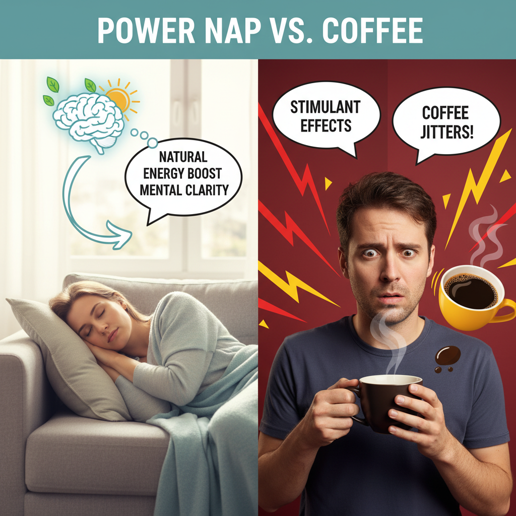 An illustration of a person taking a short, refreshing power nap in a comfortable setting, emphasizing mental rejuvenation and a quick brain 'refresh'.