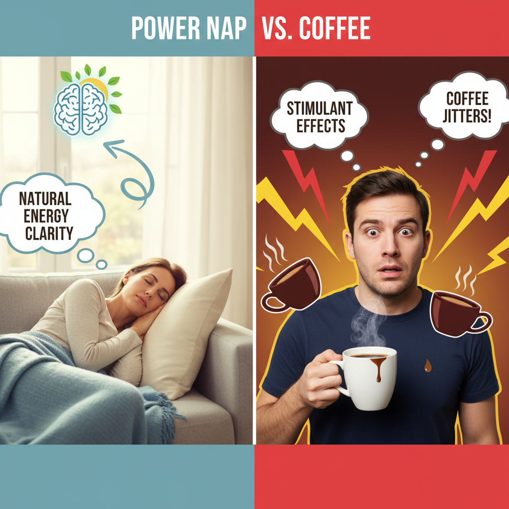 A comparative image depicting a power nap versus coffee, highlighting the natural energy boost from napping versus the stimulant effects and jitters from coffee.