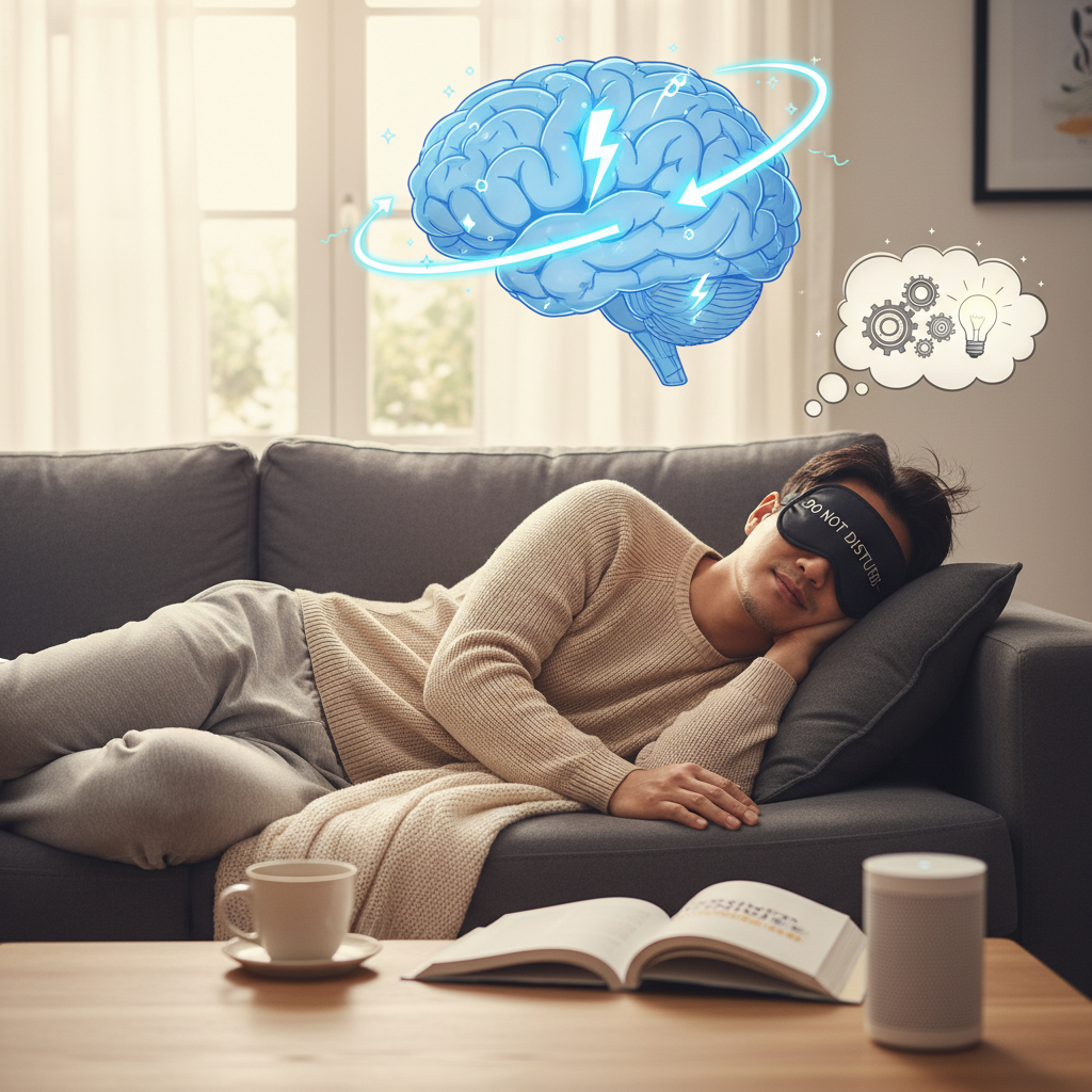 A vibrant infographic showing the benefits of power naps including boosted energy, improved cognitive function, stress reduction, and enhanced physical health.