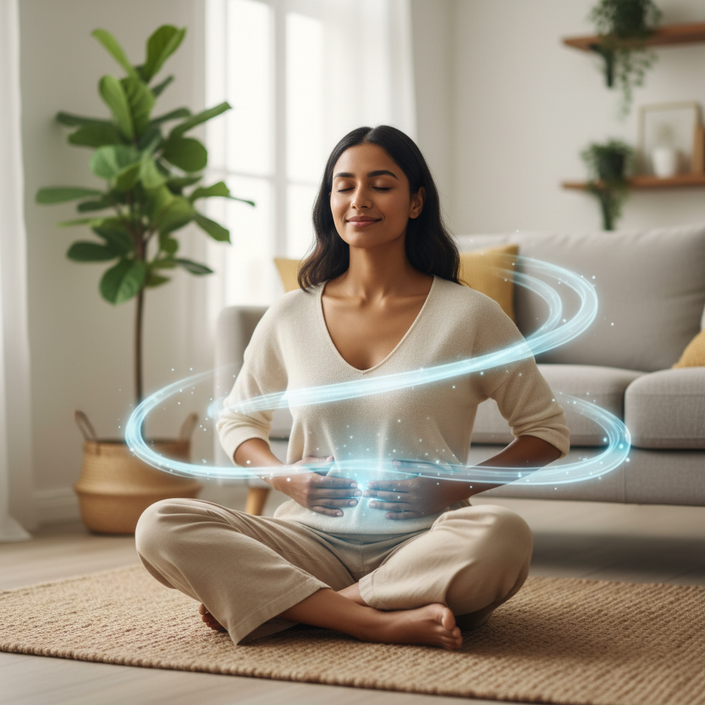 Scene showing a person performing Progressive Muscle Relaxation (PMR), tensing and releasing muscle groups from toes to head in a comfortable setting.