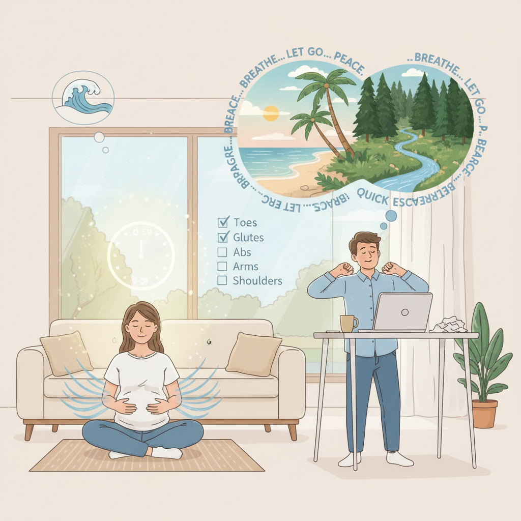 Visual depiction of quick stress relief techniques including shoulder shrugs and visualization of a peaceful nature scene like a beach or forest, conveying relaxation and mental getaway.