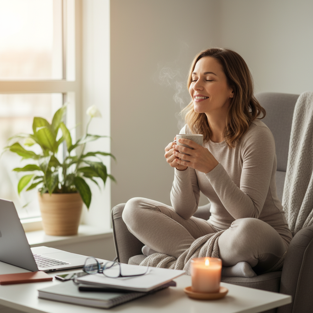 Illustration of a happy busy woman taking a wellness break during a hectic day, looking relaxed and energized.