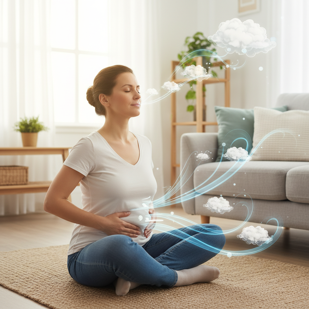 Image of a serene individual engaged in one-minute mindful meditation, eyes closed, surrounded by a tranquil environment emphasizing focus on breathing and an internal mantra.