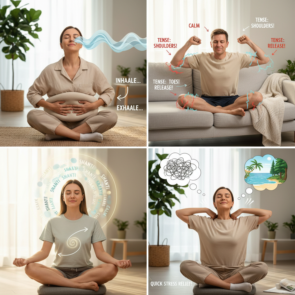 Illustration of a calm person practicing deep breathing exercises, with visual emphasis on belly expansion and slow, controlled breaths.