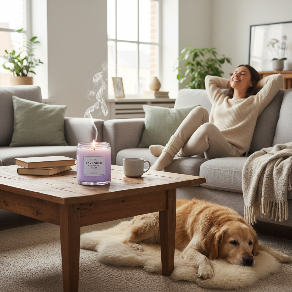 A cozy living room setting with a lavender scented candle burning on a table, emitting a soft, calming glow and lavender aroma to create a serene atmosphere.