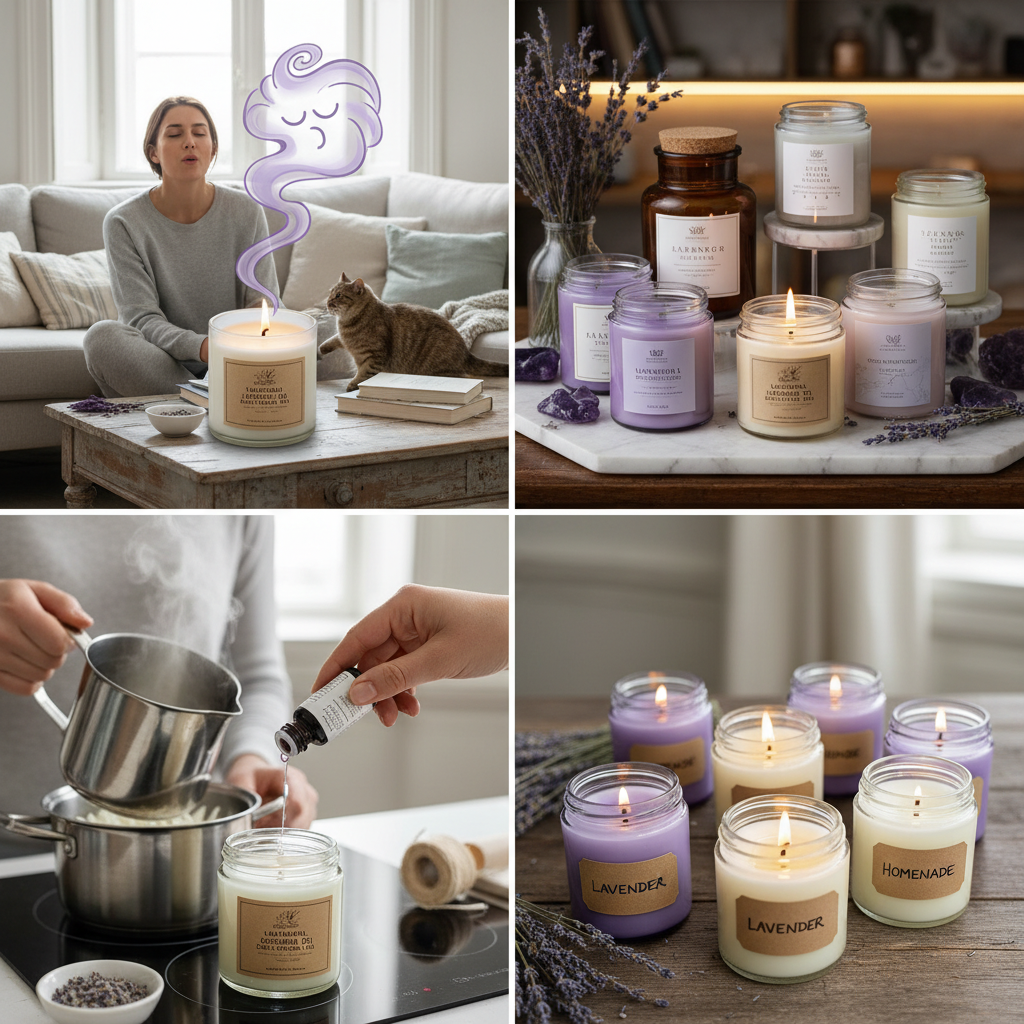 An elegant display of top lavender scented candle brands in stylish jars, arranged aesthetically with lavender flowers and soft lighting to showcase luxury and variety.