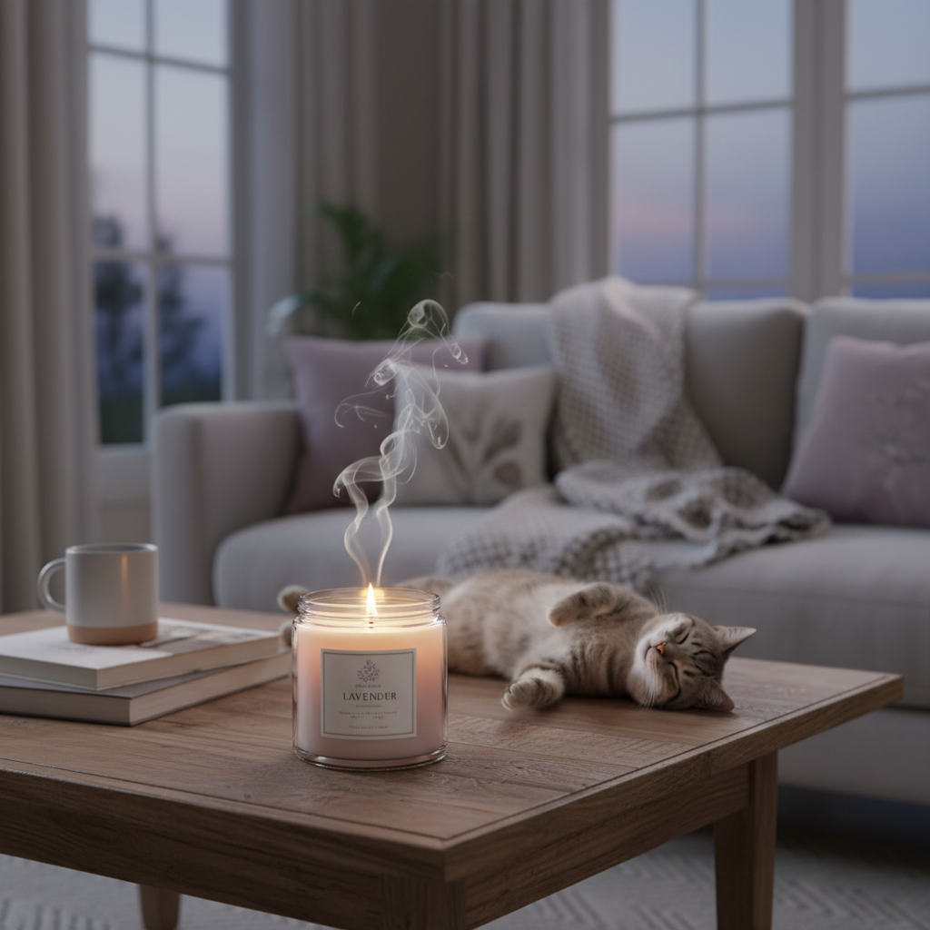 A step-by-step visual of DIY lavender candle making: melting soy wax in a double boiler, adding lavender essential oil, placing the wick in a jar, pouring wax, and a finished homemade lavender candle.