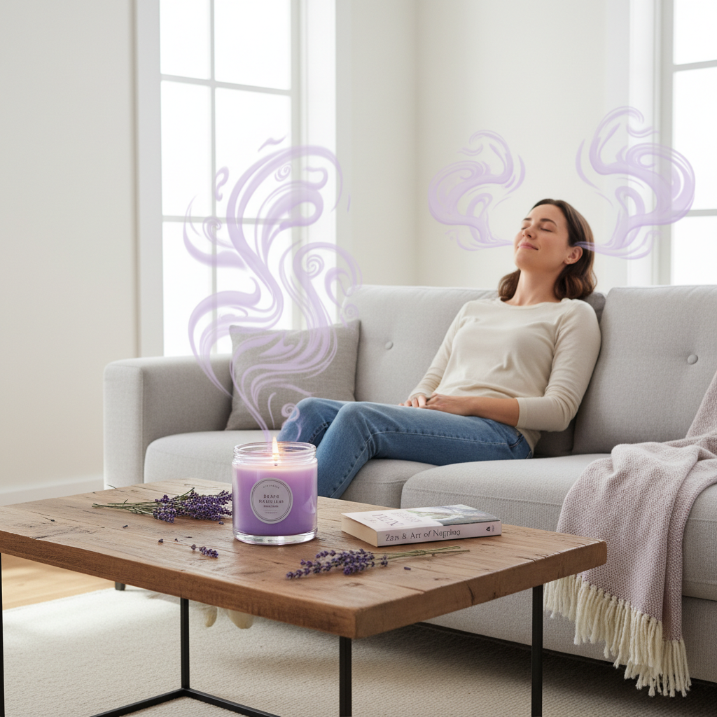 A detailed close-up image of a lavender candle showing natural soy or beeswax texture, a clean burn wick, and a label highlighting '100% natural lavender essential oil'.