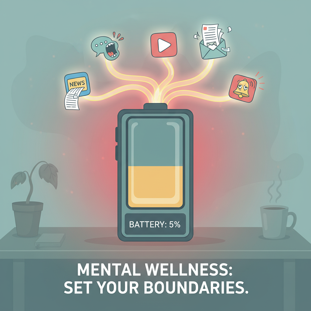 An illustration of a smartphone battery metaphor showing energy being drained by multiple apps, symbolizing the importance of boundaries for mental wellness.