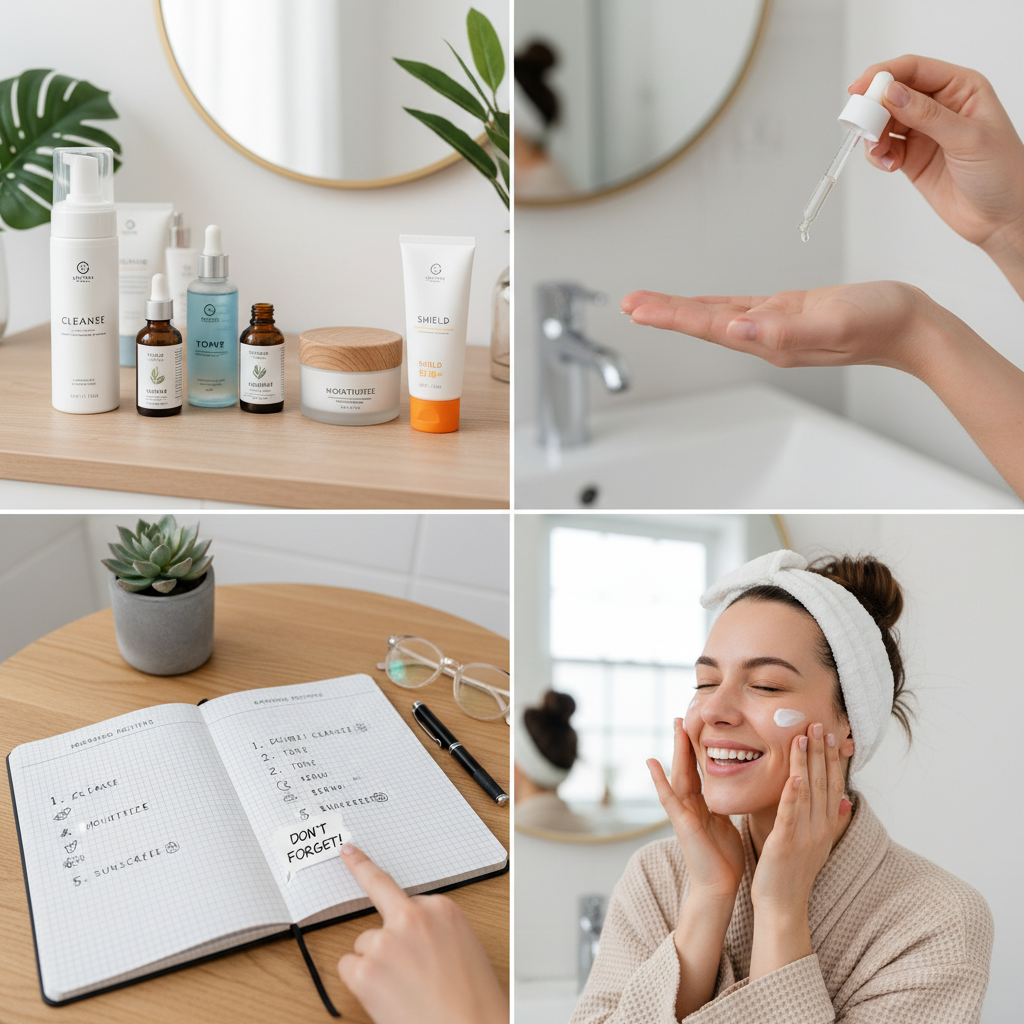 Selection of skincare products arranged on a vanity, showing cleanser, toner, serum, moisturizer and sunscreen
