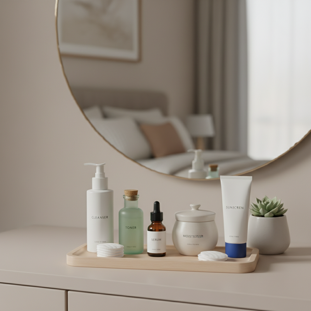 Woman happily applying moisturizer as part of her skincare routine