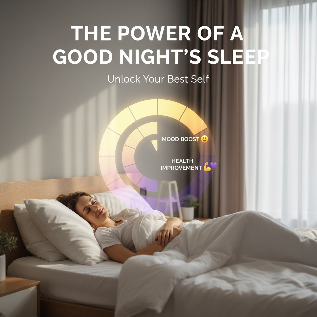 An illustration showing the importance of a good sleep routine: a person peacefully sleeping with a visible circadian rhythm clock in the background, highlighting benefits like mood boost and health improvement.
