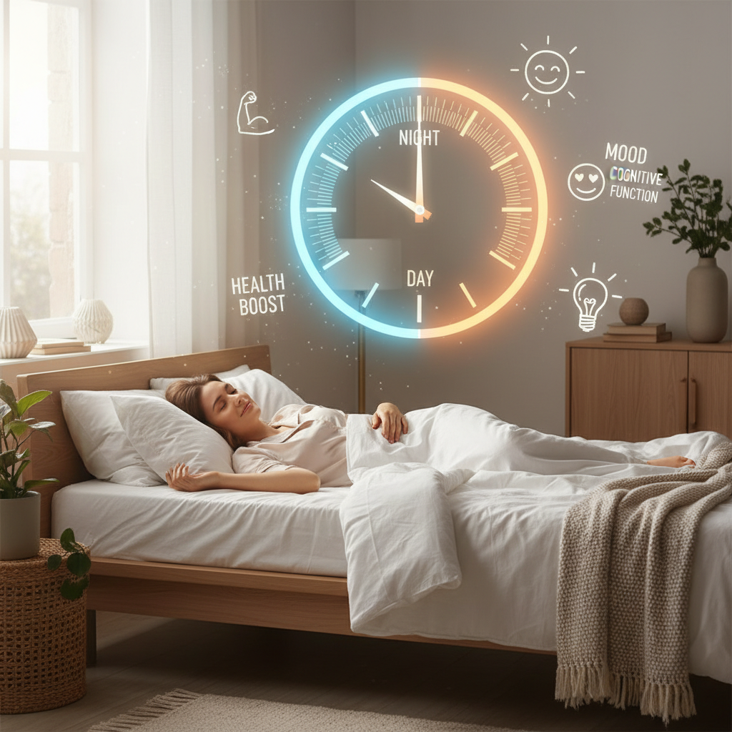 A step-by-step infographic depicting how to create an effective sleep routine: fixed bedtime, winding down without screens, limiting blue light, creating a sleep-friendly environment, and avoiding caffeine late at night.