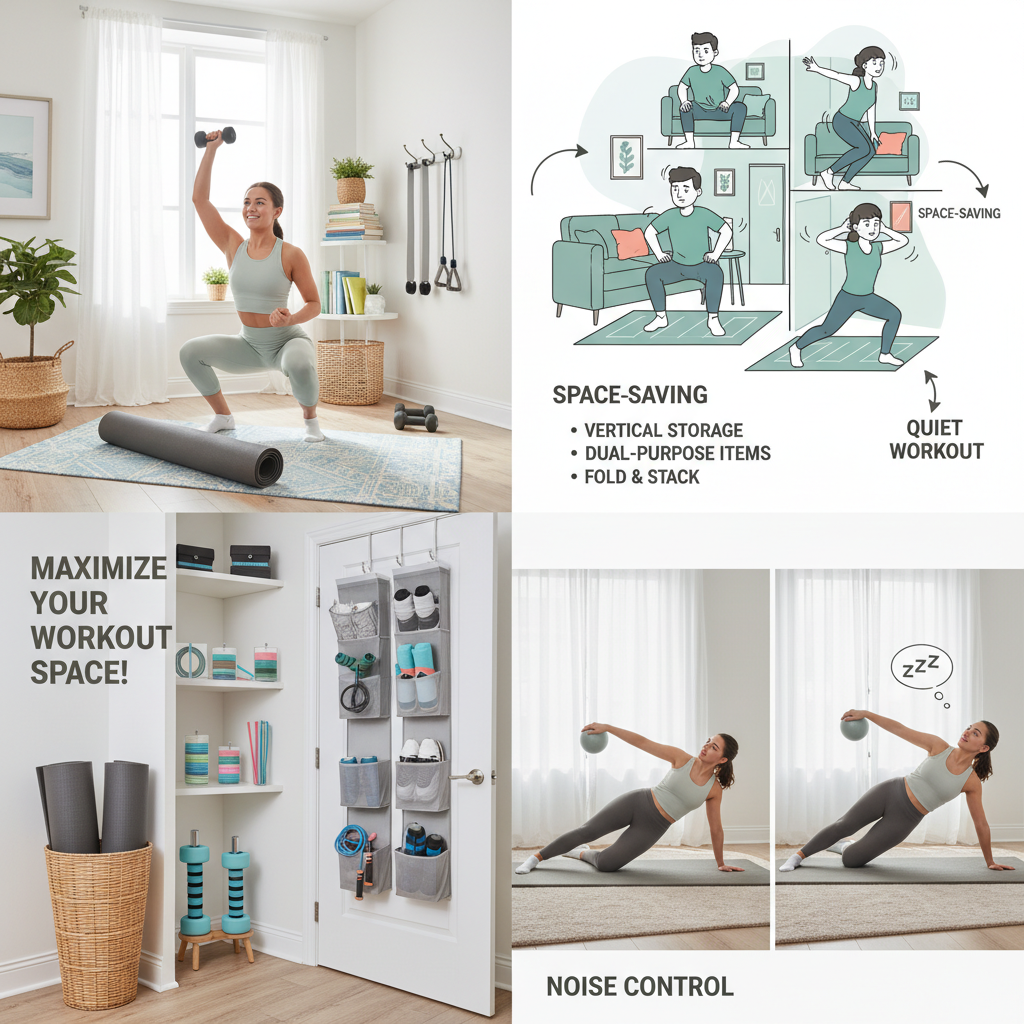 A cozy small apartment corner transformed into a compact workout space with a yoga mat and minimal equipment like resistance bands and dumbbells.