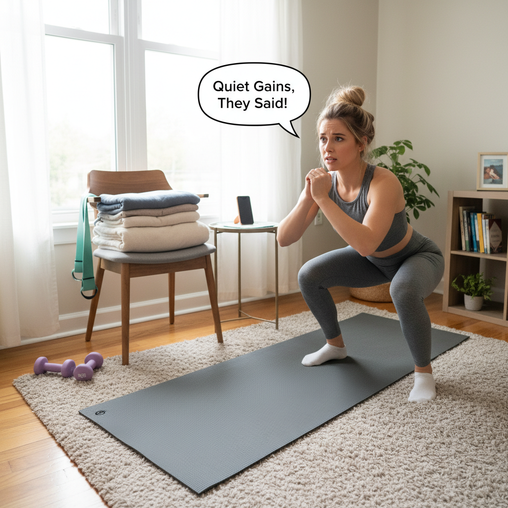 Various small workout equipment like resistance bands, light dumbbells, and foldable mats stored neatly in a small area, highlighting tips for maximizing workout space.