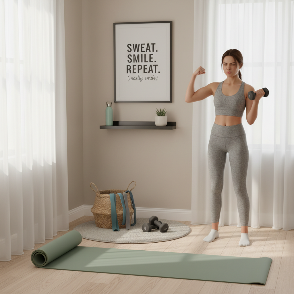 Illustration of a person performing a bodyweight circuit workout (squats, push-ups, lunges, planks) in a small indoor space, emphasizing space-saving and quiet movement.