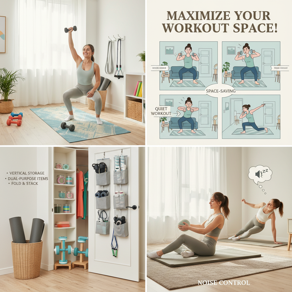 A peaceful scene of a person doing quiet, low-impact core exercises (e.g., seated Russian twists, side planks) in a small apartment, demonstrating noise control and adaptability.