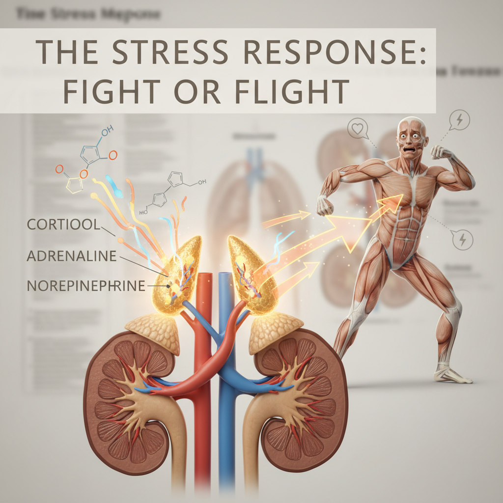 Illustration of the adrenal glands producing stress hormones like cortisol, adrenaline, and norepinephrine, highlighting the body's 'fight or flight' response.