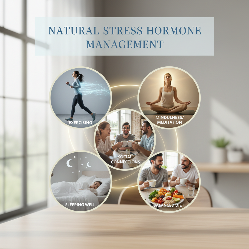 Depiction of common signs and symptoms indicating stress hormones are out of balance, including fatigue, brain fog, tension headaches, sugar cravings, and feelings of overwhelm.