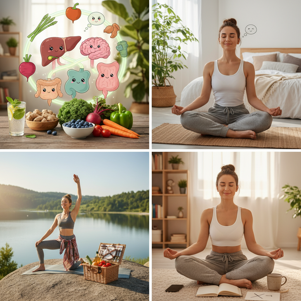 A vibrant scene depicting the top natural detox methods: a glass of lemon water, fresh vegetables like kale and beets, a person meditating peacefully, and a cozy bedroom environment representing quality sleep.