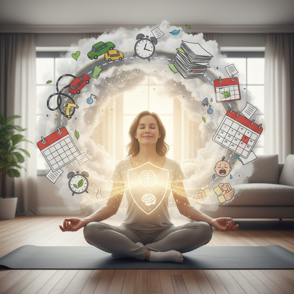 Motivational and uplifting scene representing pro tips: a person walking in nature under trees, a journal and pen nearby, symbolizing the journey to calm and flexible stress management.