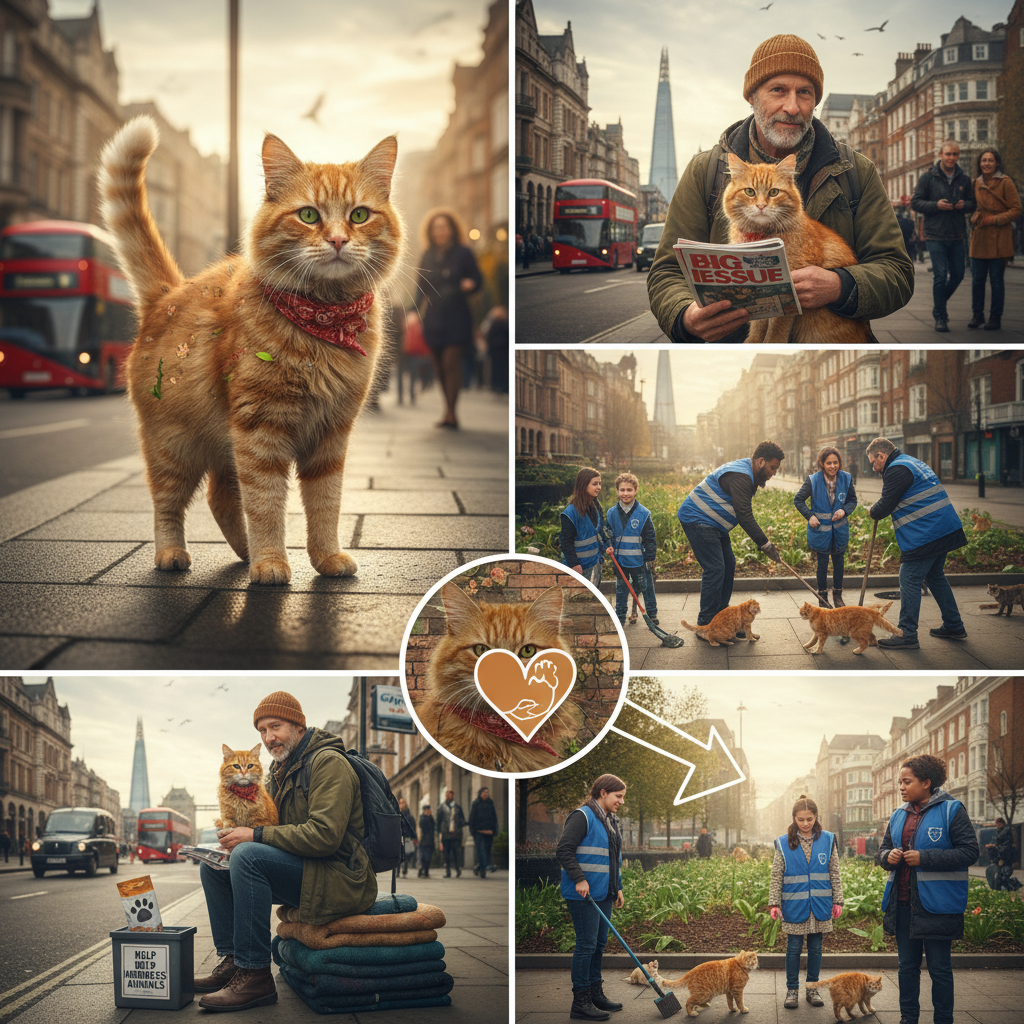 A scruffy orange street cat confidently walking on a gritty London street corner, with a warm and heartwarming atmosphere, symbolizing the transformative power of companionship.