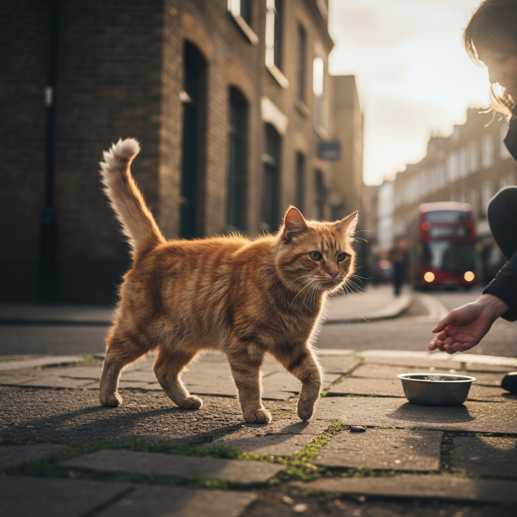 An illustrative scene showing James Bowen, a former homeless man, and Bob the ginger cat together on the streets of London, with James selling magazines and Bob sitting proudly beside him.